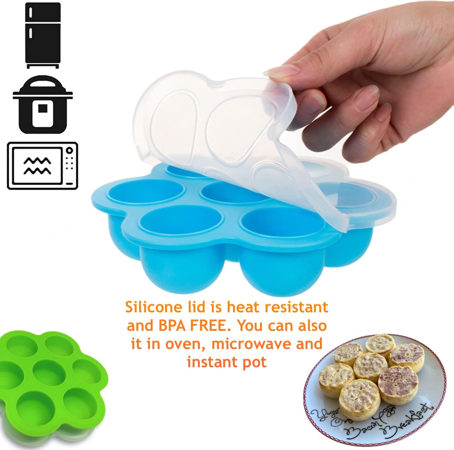 GOKCENs Silicone Egg Bite Molds [2 Pack] Instant Pot Accessories - Fit Instant Pot 5,6,8 qt Pressure Cooker - Food Freezer Tray with Lid - Reusable Storage Container (Blue Green - Egg Bite Mold)