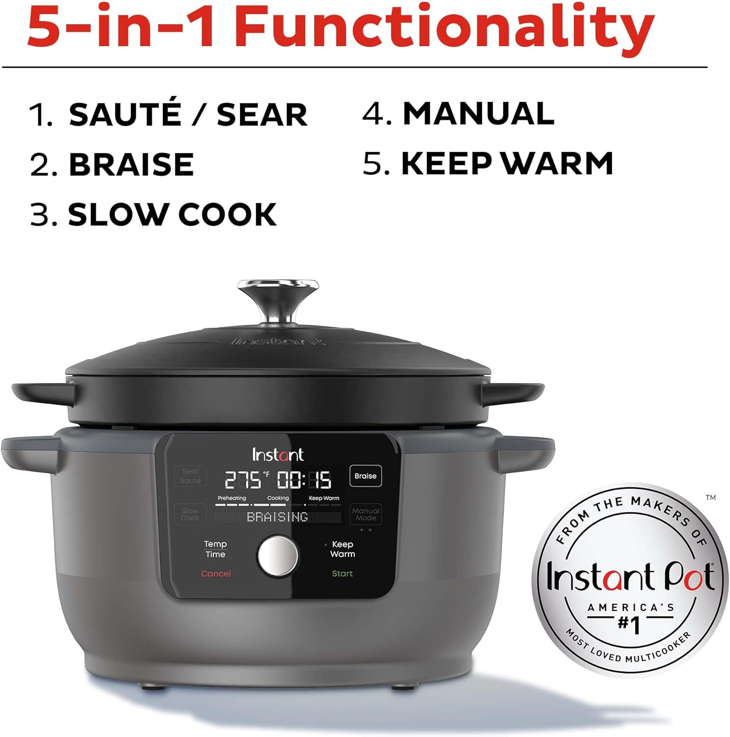 6-Quart 1500W Electric Dutch Oven with Recipe Book - Braise, Slow Cook, Sear, Warm, Red Enameled Cast Iron