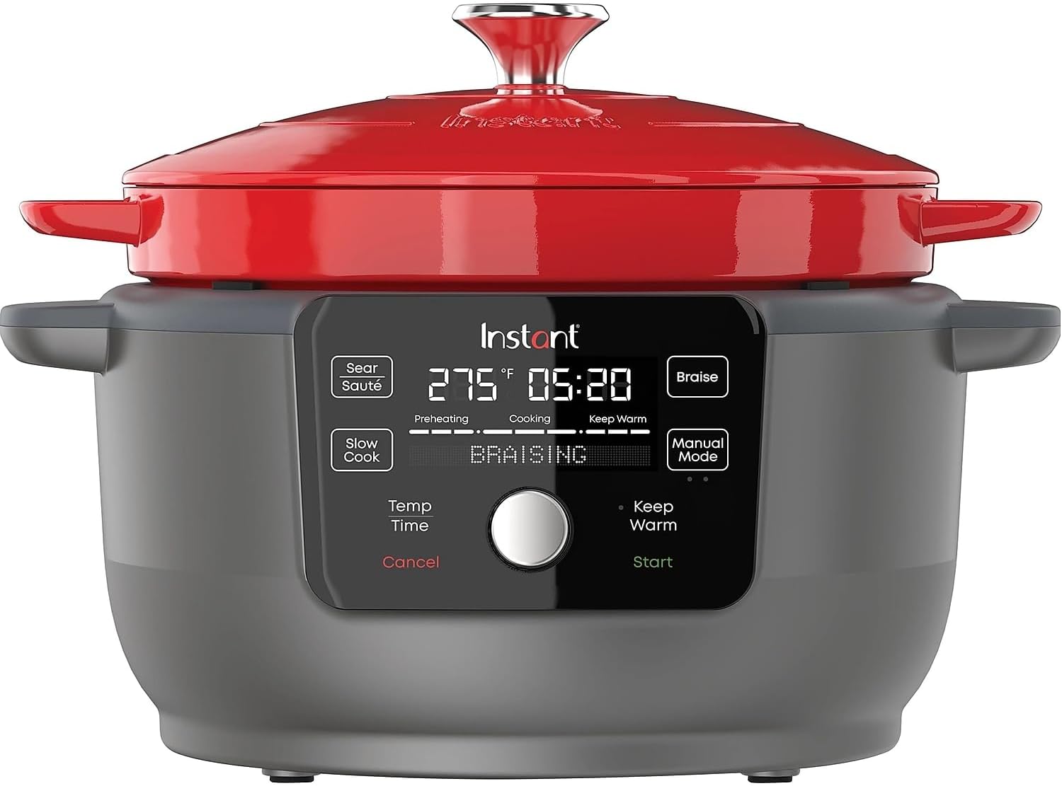 6-Quart 1500W Electric Dutch Oven with Recipe Book - Braise, Slow Cook, Sear, Warm, Red Enameled Cast Iron