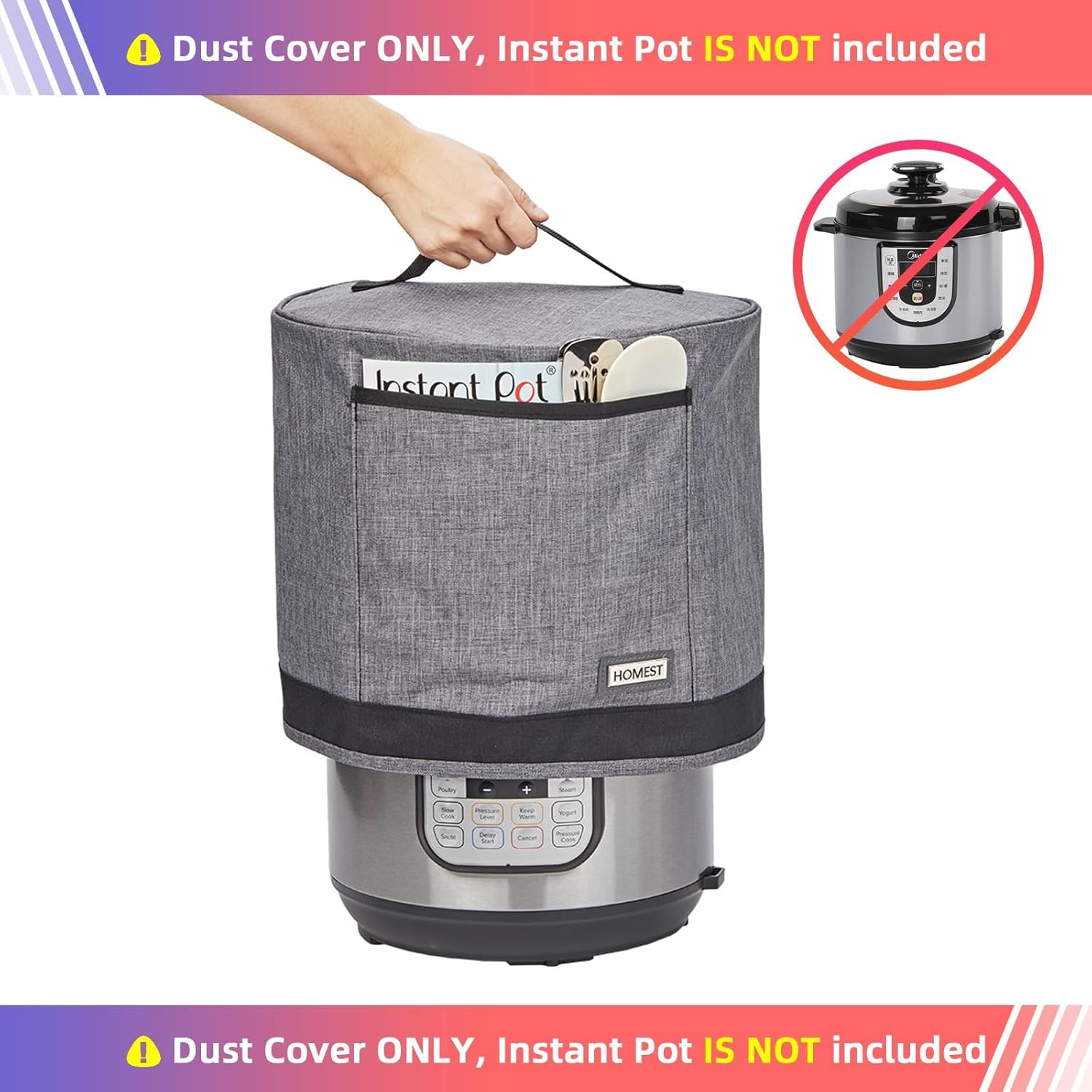 HOMEST Dust Cover with Pockets for Instant Pot 6 Quart, Insulated Pressure Cooker Cover with Easy to Clean Lining, Grey (Cover Only)