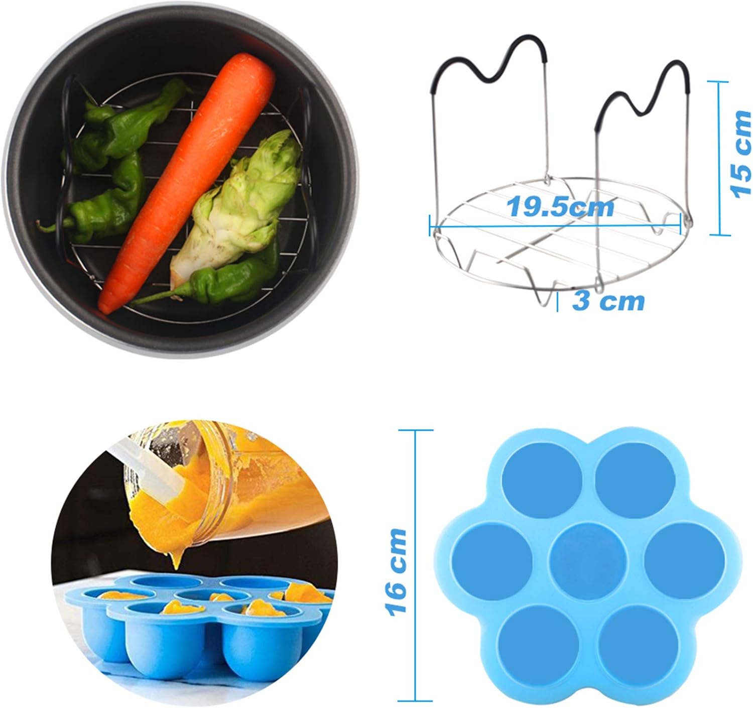 Silicone Egg Bites Mold Set of 4, Steamer Rack with Heat resistant Handle and Spoon,Reusable Sous Vide Egg Poacher with Lid Fits Instant Pot 5,6,8 qt Pressure Cooker