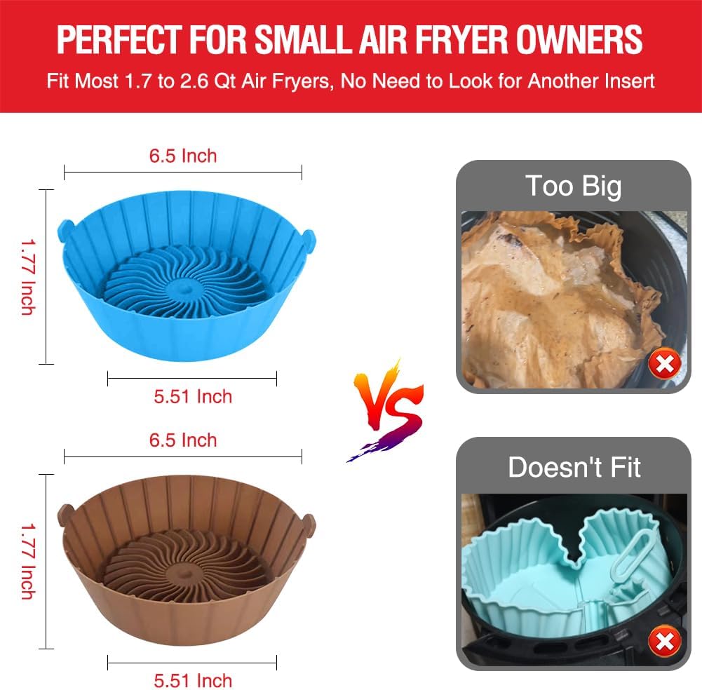 Small Air Fryer Silicone Liners for COSORI/Instant Pot/Chefman/Ninja/Dash/Bella/GoWise/COSMO Air Fryer 2QT 2.1QT 2.3QT 2.5QT, 2 Pack Reusable Silicone Basket Pot Baking Tray Air Fryer Accessories