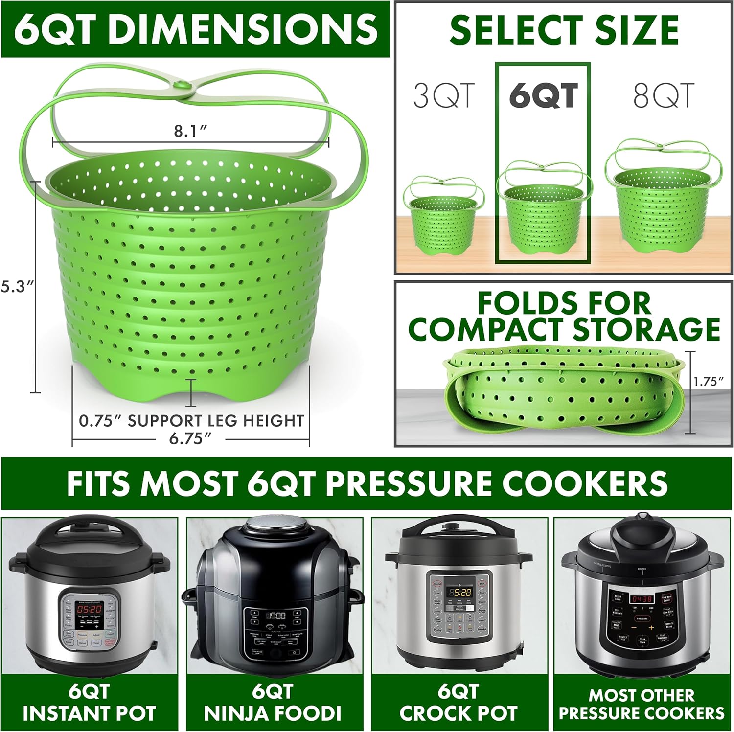 Avokado Silicone Steamer Basket for 6qt Instant Pot [3qt, 8qt avail], Ninja Foodi, Other Pressure Cookers - 100% Food Safe, BPA-Free, Dishwasher Safe Collapsible Vegetable Steamer Basket  Strainer