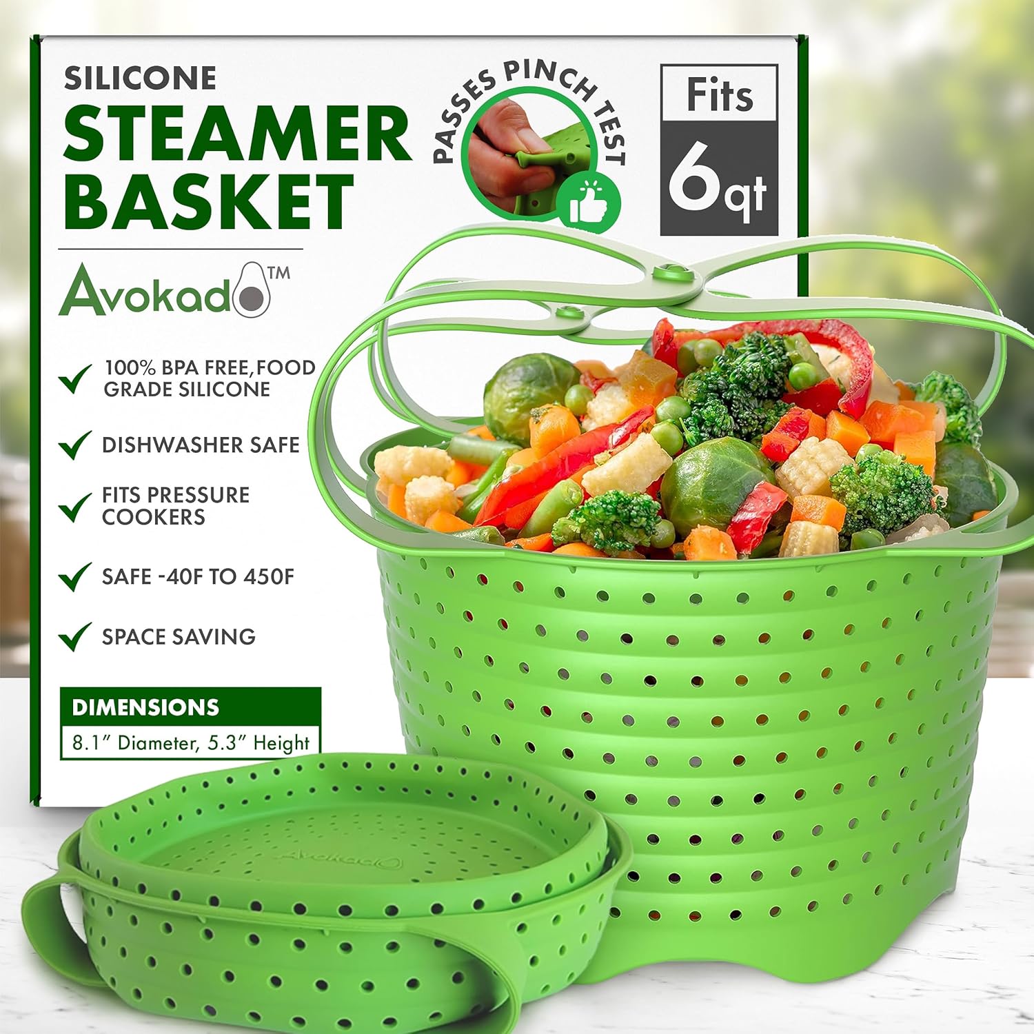 Avokado Silicone Steamer Basket for 6qt Instant Pot [3qt, 8qt avail], Ninja Foodi, Other Pressure Cookers - 100% Food Safe, BPA-Free, Dishwasher Safe Collapsible Vegetable Steamer Basket  Strainer